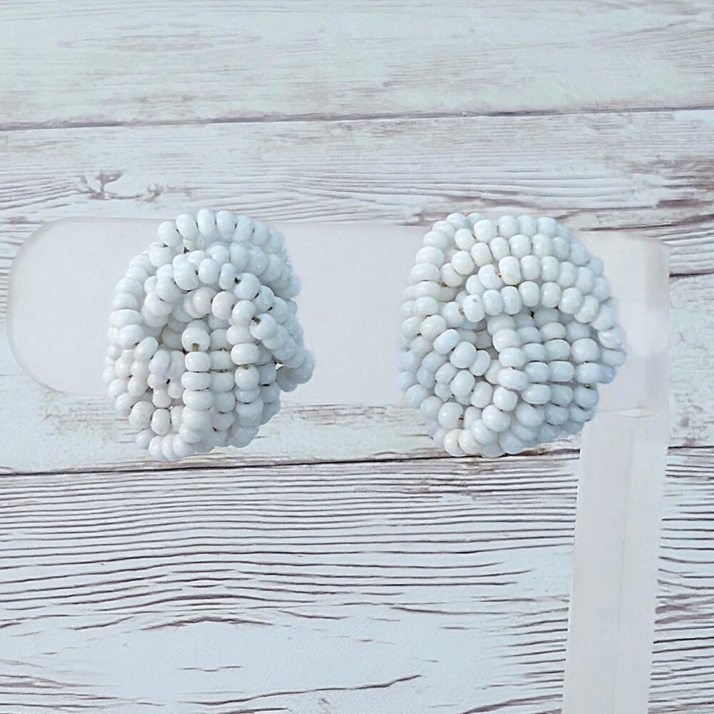 Vintage Clip On Earrings - White Beaded Twist Statement 0.75" - Retro